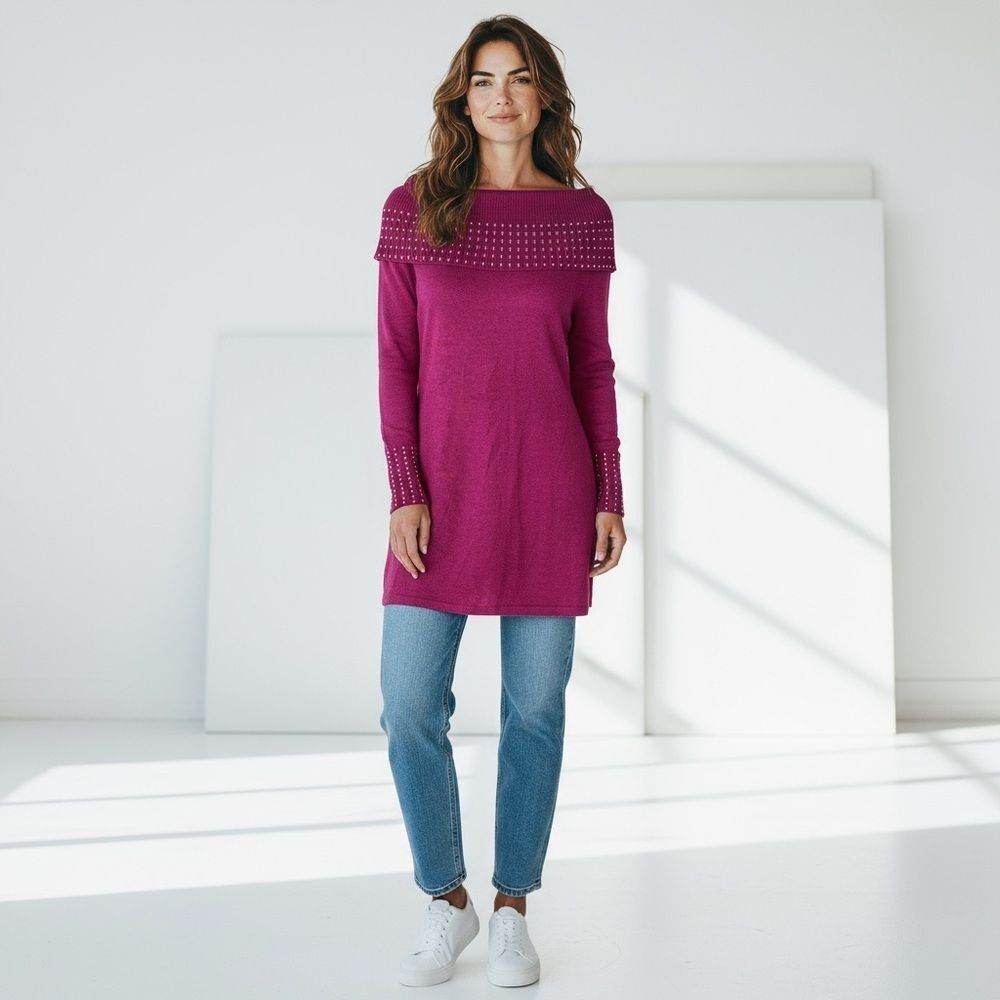 Beautiful Raspberry Tunic/Mini Length Sweater with Fold Down Collar Size S